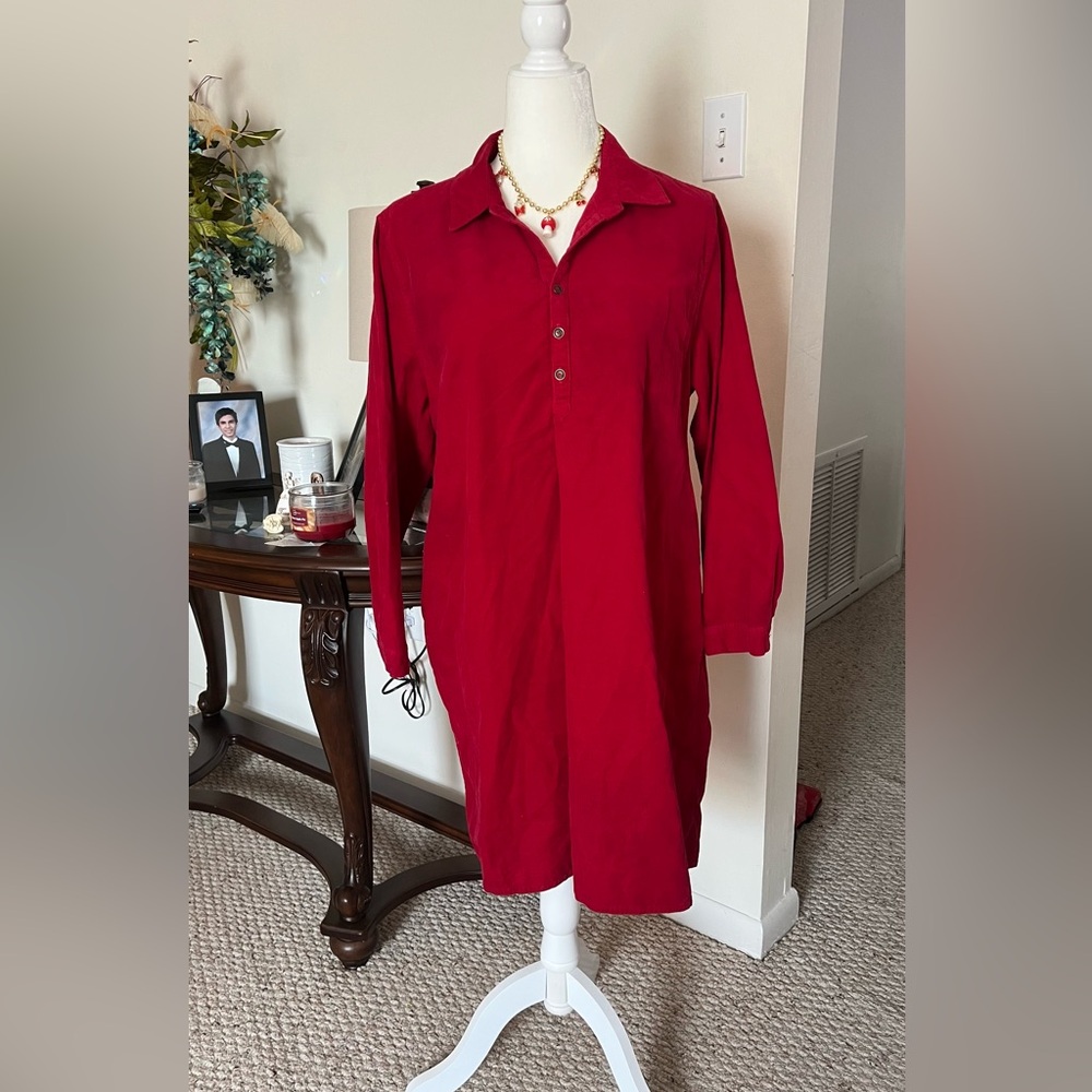 Coldwater Creek Red Corduroy Shirt Dress Size PL 100% Cotton Long Sleeve Pockets